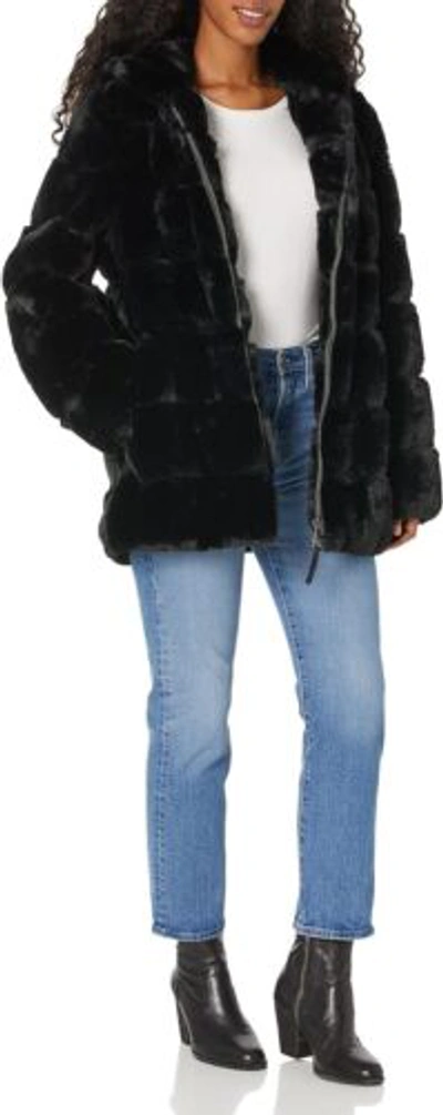 Pre-owned Dkny Women's Faux Fur Hooded Outwear Coat In Black