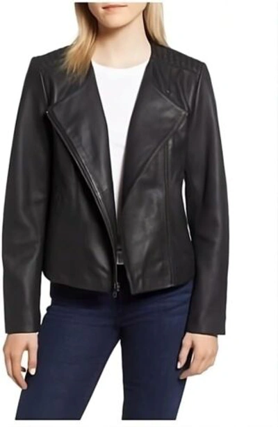 Pre-owned Cole Haan Women's Fully Lined Wing Collar Leather Coat In Black