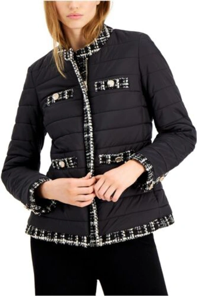 Pre-owned Anne Klein Women's Quilted Zip Jacket W/tweed Trim In Asphalt Combo