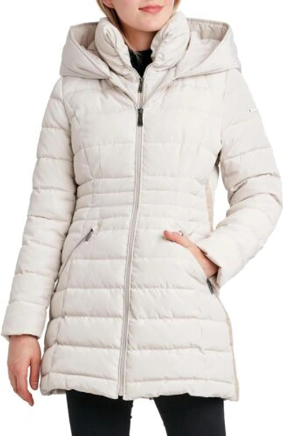 Pre-owned Laundry By Shelli Segal Women's 3/4 Puffer Jacket With Hood And Velvet Trim In Clay