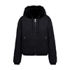 Moose Knuckles Cropped Black Faux Fur Jacket With Plush Hood And Zippered Pockets In Blue