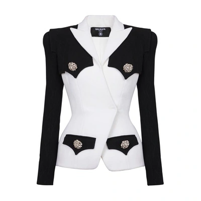 Balmain Crystal-embellished Button Two-tone Crepe Blazer In Black