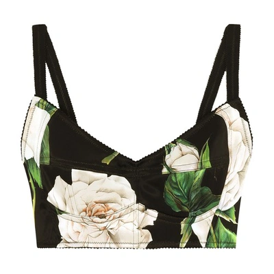 Dolce & Gabbana Satin Top With White Rose Print In Multicolor