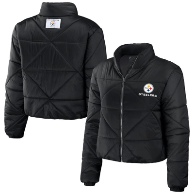 Wear By Erin Andrews Black Pittsburgh Steelers Cropped Puffer Full-zip Jacket