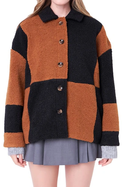 English Factory Women's Oversize Teddy Check Jacket In Black,camel