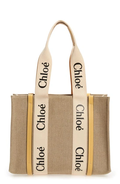 Chloé Medium Woody Linen Tote In Honey Gold 746