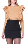 English Factory Women's Poplin Ruffle Detail T-shirt In Tan