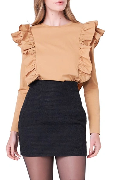 English Factory Women's Poplin Ruffle Detail T-shirt In Tan