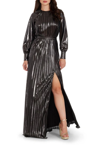 Dress The Population Calista Metallic Jacquard Stripe Long Sleeve Gown In Black