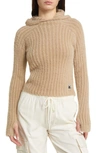 Iets Frans Eyelash Rib Hooded Long Sleeve Sweater In Mink