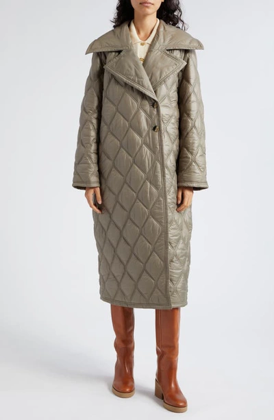 Ganni Long Shiny Quilted Coat In Khaki