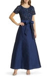 PISARRO NIGHTS BEADED BODICE MIXED MEDIA GOWN