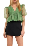 Endless Rose Zebra Print Puff Sleeve Crop Top In Green Multi