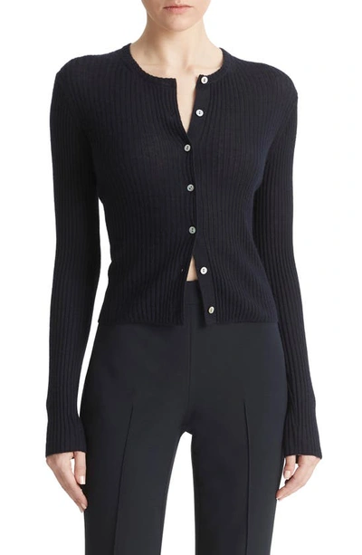 Vince Ribbed Cashmere And Silk Fitted Cardigan In Coastal