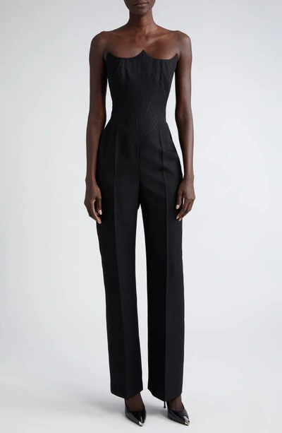 Alexander Mcqueen Strapless Tailored Jumpsuit With Lace-up Back In Black