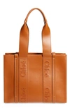 Chloé Woody Medium Embroidered Leather Tote In Caramel 247