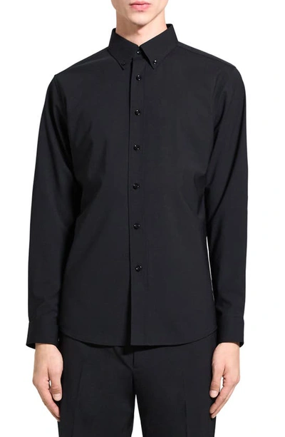 Theory Hugh Stretch Virgin Wool Button-down Shirt In Black