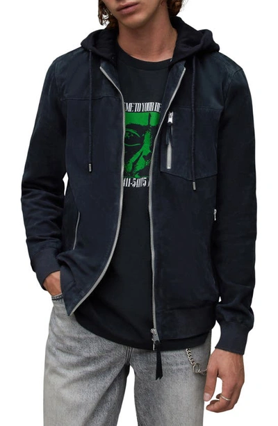 Allsaints Kairo Removable Hood Suede Bomber Jacket In Celestial