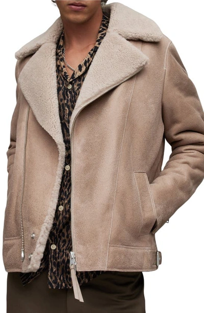 Allsaints Rasco Relaxed Fit Shearling Biker Jacket In Faded Taupe