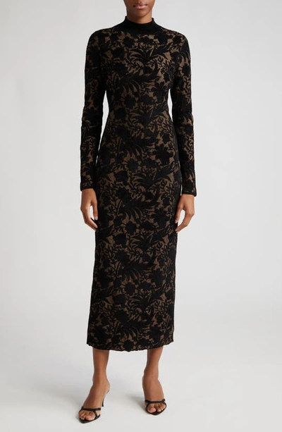 Lela Rose Floral Jacquard Knit Mock-neck Long-sleeve Midi Dress In Black