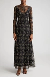 LELA ROSE FLORAL EMBROIDERY LONG SLEEVE GOWN