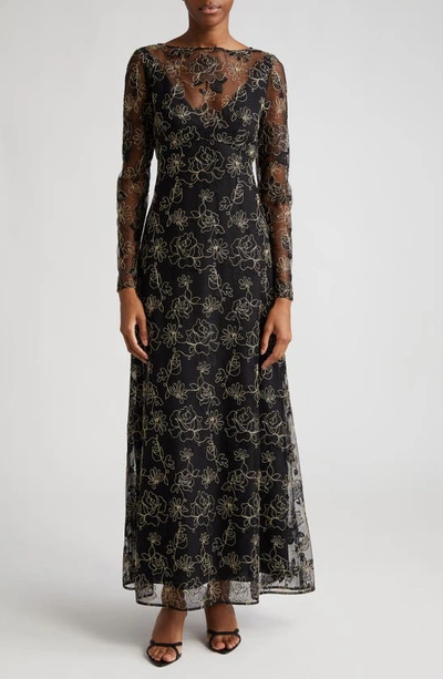 Lela Rose Embroidered Lace Long-sleeve Illusion Maxi Dress In Black