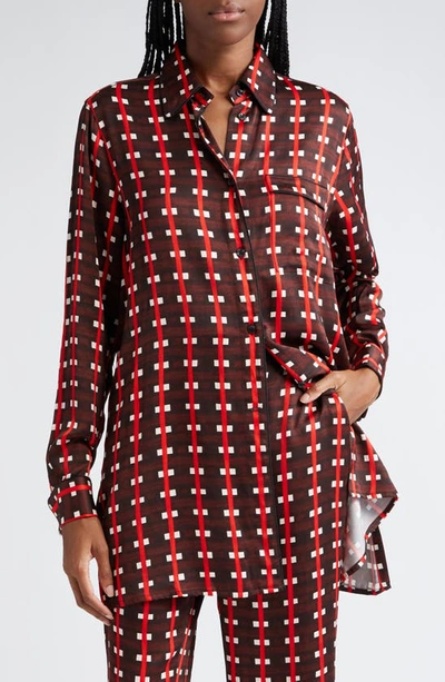 Wales Bonner Melody Belted Checked Satin Shirt In Brown