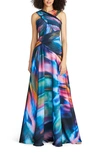 THEIA STACY ABSTRACT PRINT CROSSOVER NECK FAUX WRAP GOWN