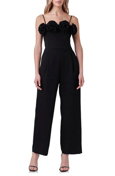 Endless Rose Rosette Trim Wide Leg Jumpsuit In Black