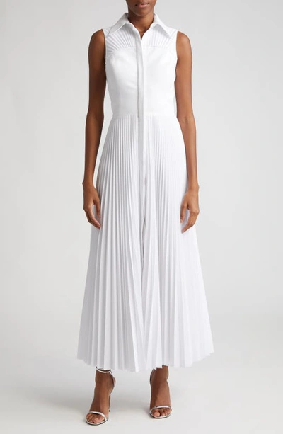 Brandon Maxwell Pleated Sleeveless Pique Bustier Maxi Day Shirtdress In White
