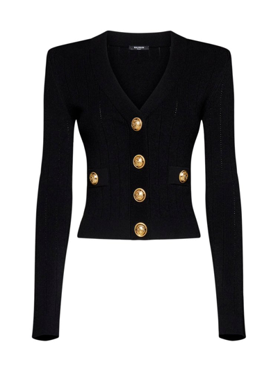 Balmain Button-embellished Ribbed-knit Cardigan In Black