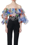Carolina Herrera Off-shoulder Ruffle Balloon Sleeve Silk Top In Blush Multi