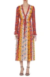 CAROLINA HERRERA MIXED FLORAL STRIPE LONG SLEEVE CHIFFON MIDI DRESS