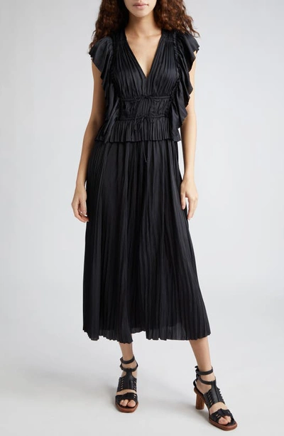 Ulla Johnson Letty Pleated Ruffle Satin Midi Dress In Noir