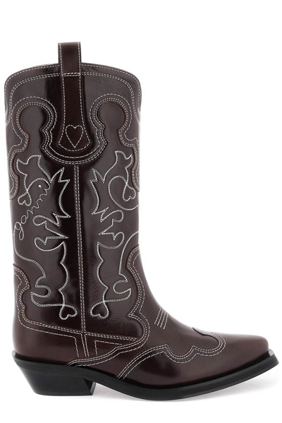 Ganni Embroidered Western Boots In Red