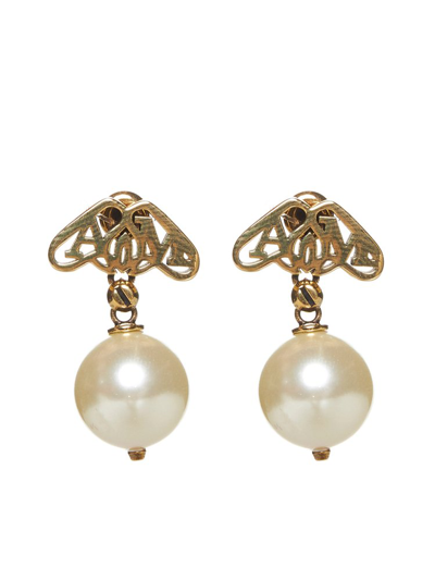 Alexander Mcqueen Logo Plaque Pearl Drop Earrings In Gold