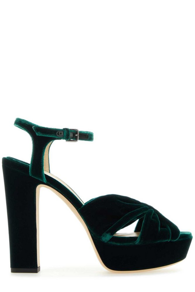 Jimmy Choo Heloise Velvet Platform Sandals In Dark Green