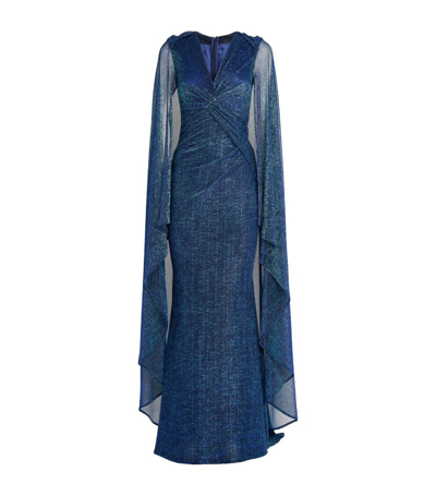 Talbot Runhof Metallic Cape Gown In Turquoise