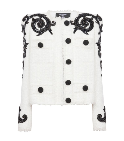 Balmain Embroidered Paisley Tweed Jacket In White