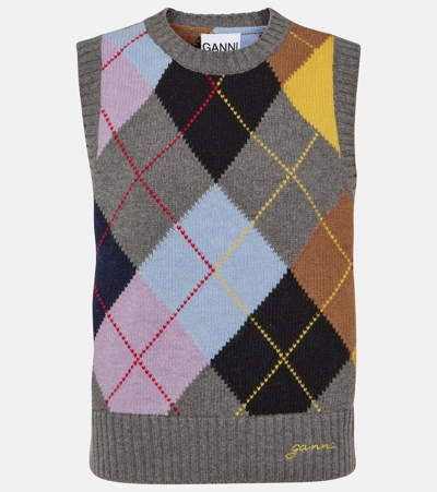 Ganni Harlequin-pattern Intarsia-knit Vest In Multicolor