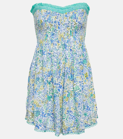 Poupette St Barth Claire Floral Bandeau Minidress In White Blue Nature