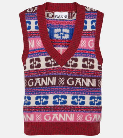 Ganni Pink Logo Wool Mix Vest In Multicolour