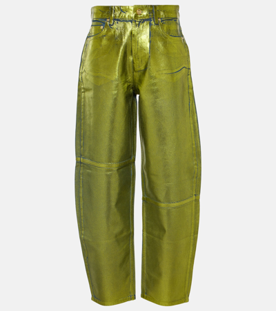 Ganni Metallic High-rise Barrel-leg Jeans In Green