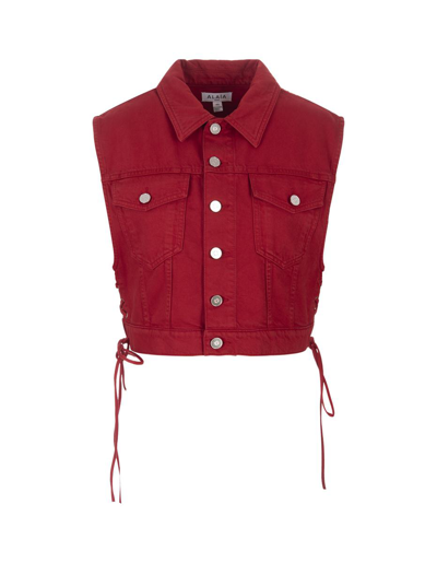 Alaïa Panelled Self-tie Denim Waistcoat In Rouge Alaia