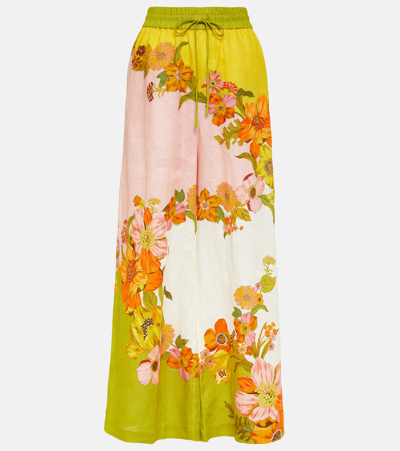 Alemais Silas Floral Linen Wide-leg Drawstring Pants In Yellow