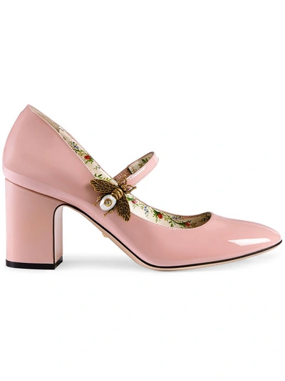 Gucci Patent Leather Mid-heel Pump With Bee In Pink