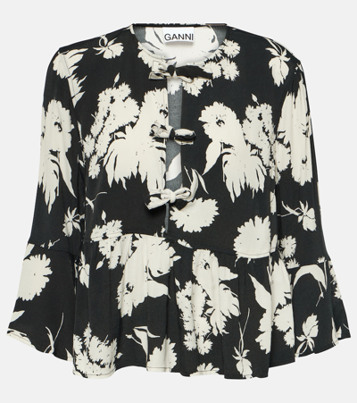 Ganni Floral-print Peplum-hem Blouse In Black