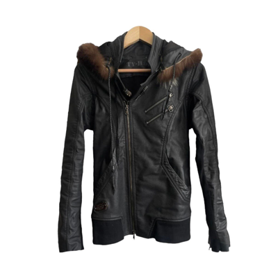 Pre-owned 14th Addiction Fur Hoodie Leather Jacket In Black