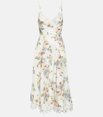 ZIMMERMANN FLORAL LACE-TRIMMED LINEN MIDI DRESS