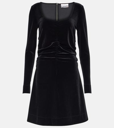 Ganni Ruched Velvet Minidress In Black